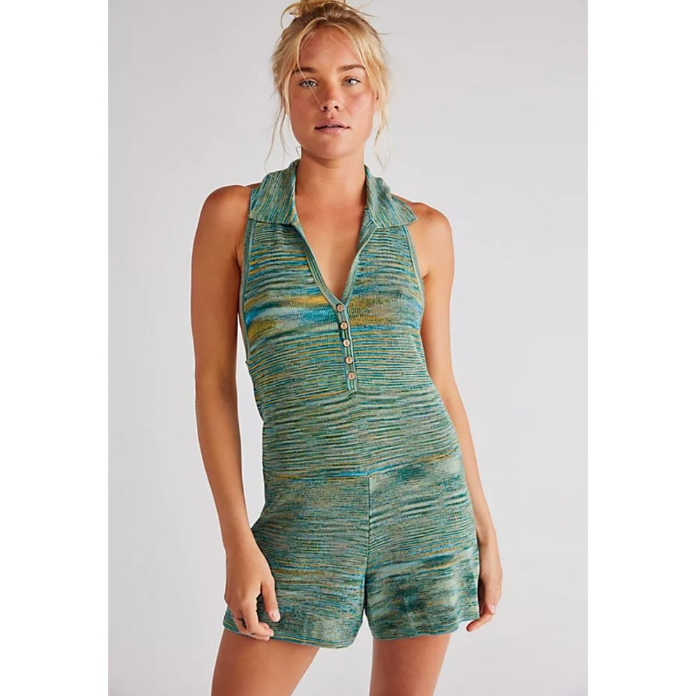 Free People Summer Nights One Piece Romper Shorts Green Mustard Space Dye NWOT S